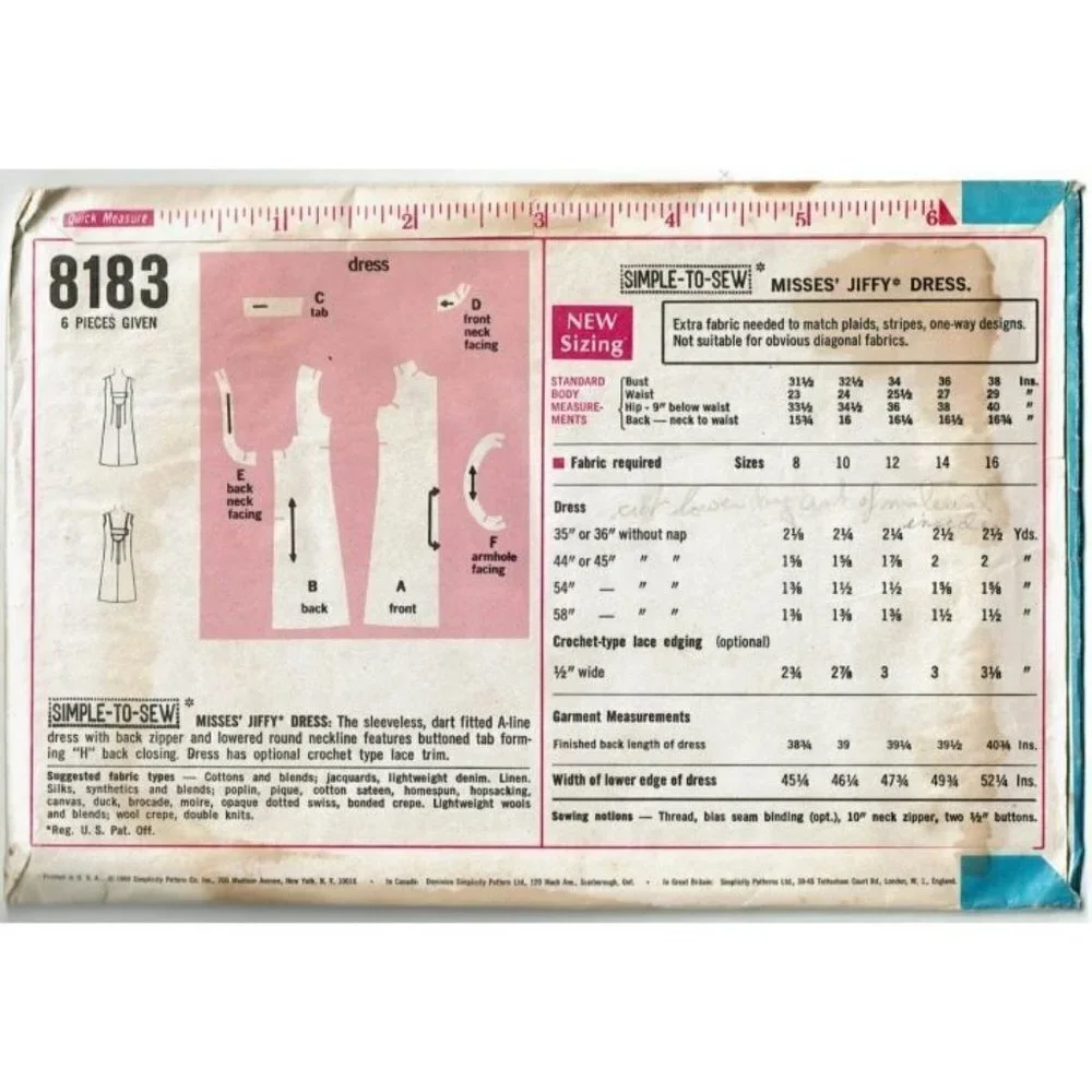 PARTIAL CUT Sewing Pattern Simplicity 8183 Jiffy Sleeveless H-Back Sundress Dres